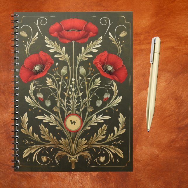 Antike Mohnblumen Gold Rot Jugendstil Monogramm Notizblock (Von Creator hochgeladen)