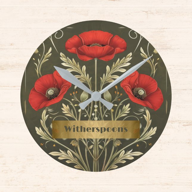 Antike Mohnblumen Gold Rot Jugendstil Monogramm Runde Wanduhr (Von Creator hochgeladen)