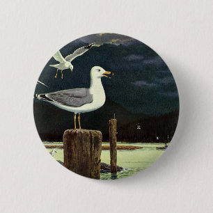 Antike Möwe auf Pier, Meeresvögel Tiere Button