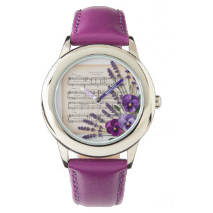 Antike Musik und Lavendel-Stiefmütterchen Blumen Armbanduhr