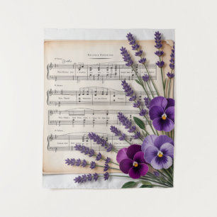 Antike Musik und Lavendel-Stiefmütterchen Blumen Wandteppich