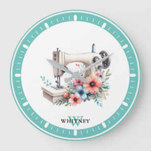 Antike Nähmaschine mit Blumenmuster und monogrammi Große Wanduhr