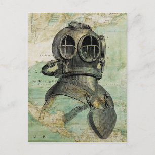 Antike nautische Karte & Tauchhelm-Postkarte
