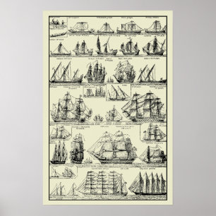 Antike nautische Segelschiffe Karte Poster
