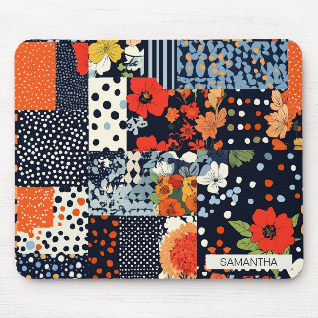 Antike Navy-Korallen-Blumen-Patchwork-Decke Mousepad (Vorne)