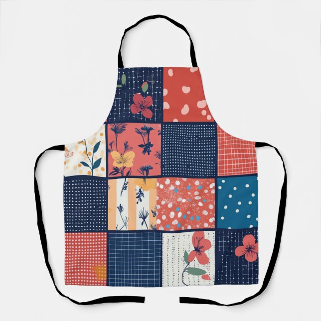 Antike Navy-Korallen-Blumen-Patchwork-Decke Schürze (Vorderseite)