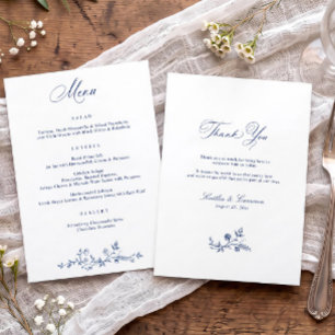 Antike Navyblaue Französische Florale Hochzeit im Menükarte