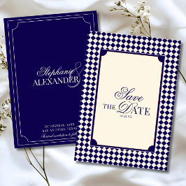 Antike Navyblaue karierte Old-Money-Hochzeit Save The Date