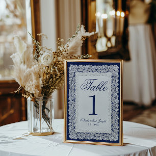 Antike Navyblaue Spitzen-Hochzeitstisch-Nummer Einladung