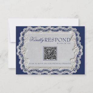 Antike Navyblaue Spitzenuntersetzer QR-Code Hochze RSVP Karte