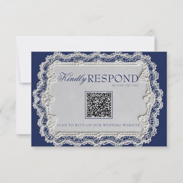 Antike Navyblaue Spitzenuntersetzer QR-Code Hochze RSVP Karte (Vorderseite)