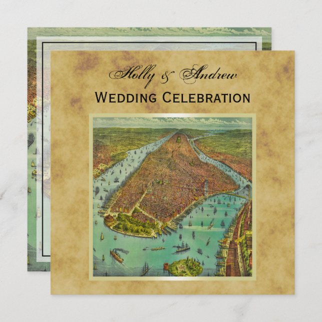 Antike New Yorker Stadtkarte störte BG SQ Hochzeit Einladung (Vorne/Hinten)