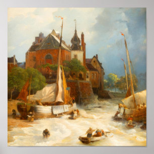 Antike niederländische Küstenstadt und Segelschiff Poster