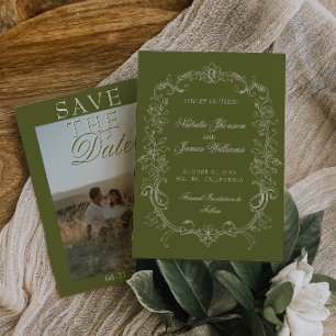 Antike Oliven-Grüne-Foto-Alte-Geld-Hochzeit Save The Date