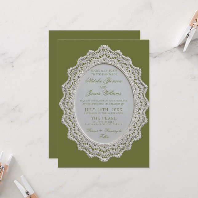 Antike Oliven-grüne Spitze Doily QR Code Hochzeit  Einladung (Vorderseite/Rückseite Beispiel)