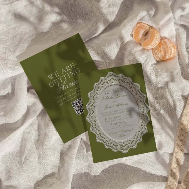 Antike Oliven-grüne Spitze Doily QR Code Hochzeit  Einladung (Von Creator hochgeladen)