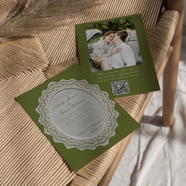 Antike Oliven-grüne Spitze QR-Code Foto-Hochzeit Einladung (Von Creator hochgeladen)