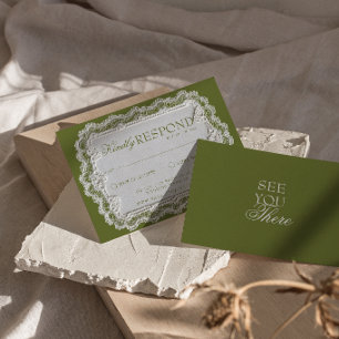 Antike Olivgrüne Spitze Fantasie Retro-Hochzeit RSVP Karte