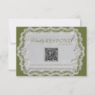 Antike Olivgrüne Spitze Retro QR-Code Hochzeit RSVP Karte