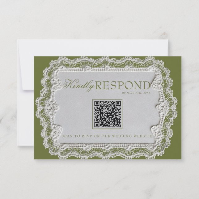 Antike Olivgrüne Spitze Retro QR-Code Hochzeit RSVP Karte (Vorderseite)
