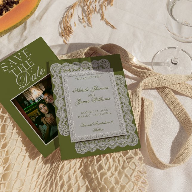 Antike Olivgrüne Spitzen-Foto-Fancy-Hochzeit Save The Date (Von Creator hochgeladen)