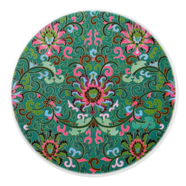 Antike orientalische, blumengrüne, rosa Chinoiseri Keramikknauf (Vorderseite)