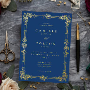 Antike Ornamentale Blaue Gold-Rollen Gotische Hoch Folieneinladung