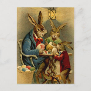 antike Osterhasen beim Eierbemalen Feiertagspostkarte