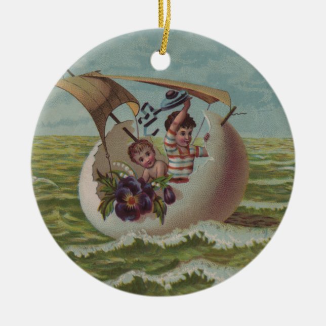 Antike Osterkarte Segeleier Kinder Keramik Ornament (Vorne)