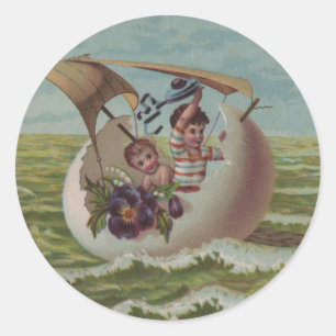 Antike Osterkarte Segeleier Kinder Runder Aufkleber