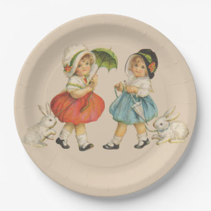 Antike Osterkinder Hasen Hauben Vintage Pappteller