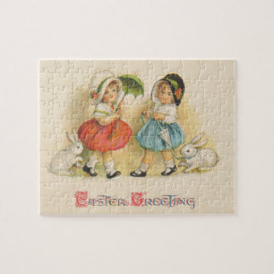 Antike Osterkinder Hasen Hauben Vintage Puzzle