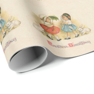 Antike Ostern Kinder Hasen Hauben Vintage Geschenkpapier