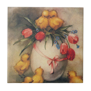 Antike Ostern Küken, Ei mit roten Tulpenblumen Fliese