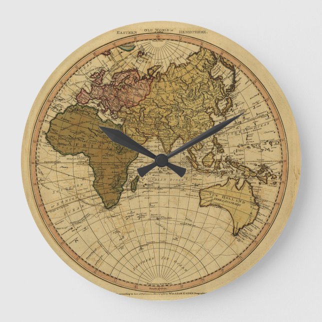 Antike Osthemisphäre-Karte Williams Faden 1786 Große Wanduhr (Vorderseite)