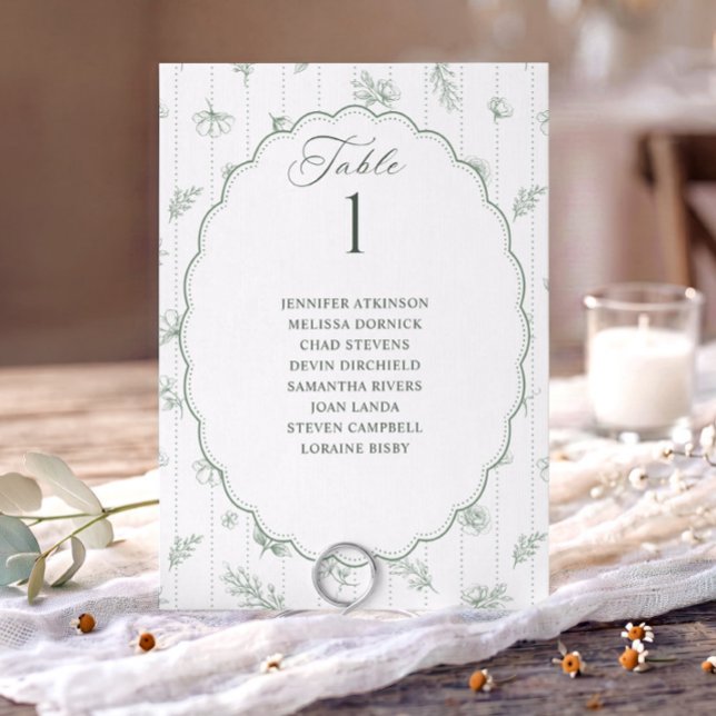 Antike ovale Hochzeits-Sitzordnung in Salbeigrün (Sage green French floral wedding seating chart card with oval scalloped frame and guest names.)