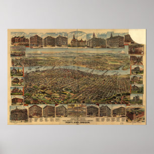 Antike panoramische Karte Portlands Oregon 1890 Poster