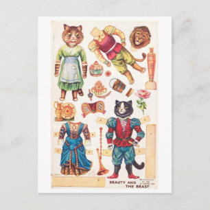 Antike Papierpuppe Postkarte--Katze Schönheit und  Postkarte