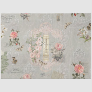 Antike Pariser Rosa Graue Blumen Decoupage Seidenpapier