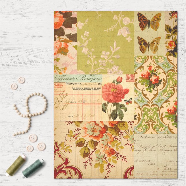 Antike Patchwork-Blumen und Ephemera-Decoupage Seidenpapier (Von Creator hochgeladen)