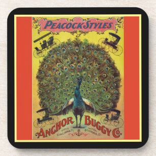 Antike Pfauenfirma mit Werbung für Rot Getränkeuntersetzer
