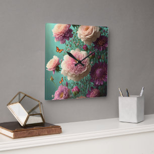 Antike Pfingstrosen in Rosa und Burgund Quadratische Wanduhr