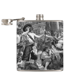 Antike Piraten kämpfen und trinken auf dem Schiff Flachmann