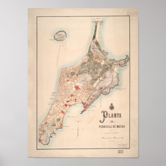Antike Portugiesische Karte von Macau 1889 Poster (Vorne)