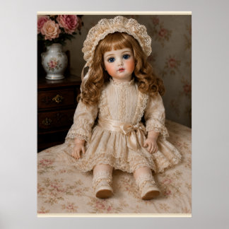 Antike Porzellanpuppe im Vintage-Stil sitzend Poster