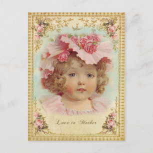 Antike Postkarte - Mädchen mit rosa Hut