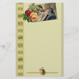 Antike Postkarte mit Rosen und Goldrand im Vintage Briefpapier