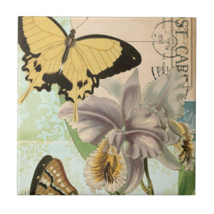 Antike Postkarte mit Schmetterlingen und Blumen Fliese