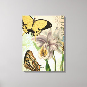 Antike Postkarte mit Schmetterlingen und Blumen Leinwanddruck