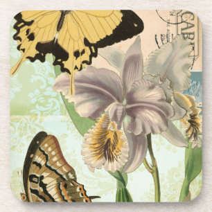 Antike Postkarte mit Schmetterlingen und Blumen Untersetzer